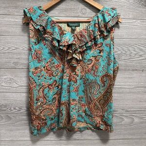 Lauren Ralph Lauren Sleeveless Paisley Ruffle Top Women's Plus 2X Knit Career